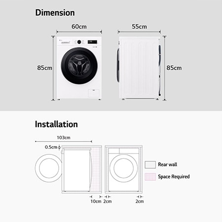 LG washing machine dimensions graphic: W 60, H 85, D 55cm (door open 103cm), including installation clearances.