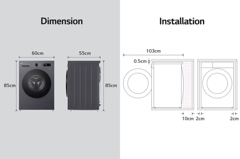 LG washing machine dimensions graphic: W 60, H 85, D 55cm (door open 103cm), including installation clearances.
