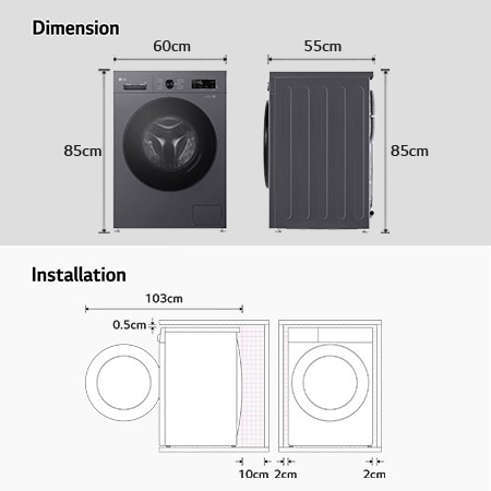 LG washing machine dimensions graphic: W 60, H 85, D 55cm (door open 103cm), including installation clearances.
