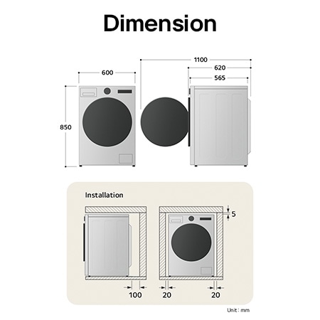 LG washing machine technical drawing: W 600, H 850, D 565mm (door open 1100mm), including installation clearances.