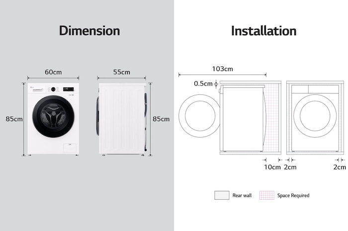 LG washer-dryer dimensions graphic: W 60, H 85, D 55cm (door open 103cm), including installation clearances.