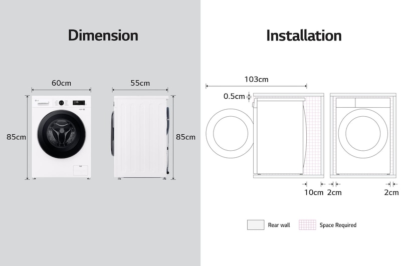 LG washer-dryer dimensions graphic: W 60, H 85, D 55cm (door open 103cm), including installation clearances.