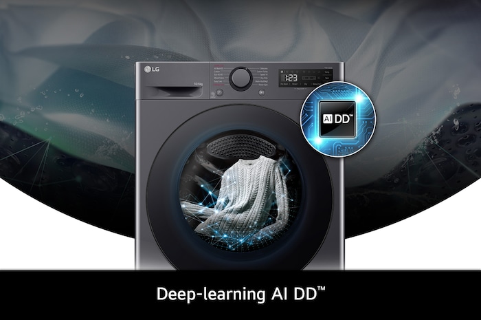 Close-up of the LG 10kg washer-dryer FWY606GBLN1 in Slate Grey, featuring its deep-learning AI DD™ technology.