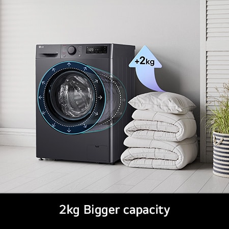 The LG FWY706GBTN1 washer-dryer in Slate Grey, highlighting its bigger 10kg wash capacity in the same standard-sized drum.