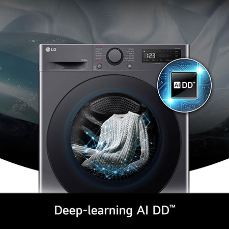 Close-up of the LG 10kg washer-dryer FWY706GBTN1 in Slate Grey, featuring its deep-learning AI DD™ technology.