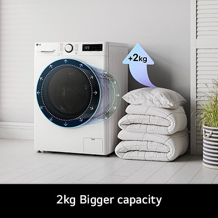 The LG FWY706WWTN1 washer-dryer in white, highlighting its bigger 10kg wash capacity in the same standard-sized drum.