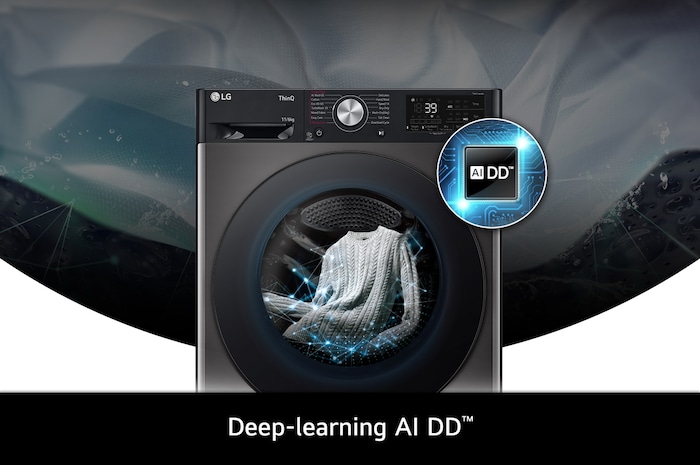 Close-up of the LG 11kg/6kg washer-dryer FWY916BBTN1 in Platinum Black, featuring its deep-learning AI DD™ technology.