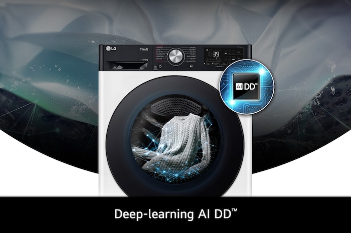 Close-up of the LG 11kg/6kg washer-dryer FWY916WBTN1 in white, featuring its deep-learning AI DD™ technology.