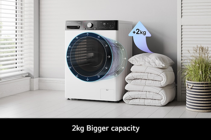 The LG FWY916WBTN1 washer-dryer in white, highlighting its bigger 11kg wash capacity in the same standard-sized drum.