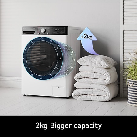The LG FWY916WBTN1 washer-dryer in white, highlighting its bigger 11kg wash capacity in the same standard-sized drum.