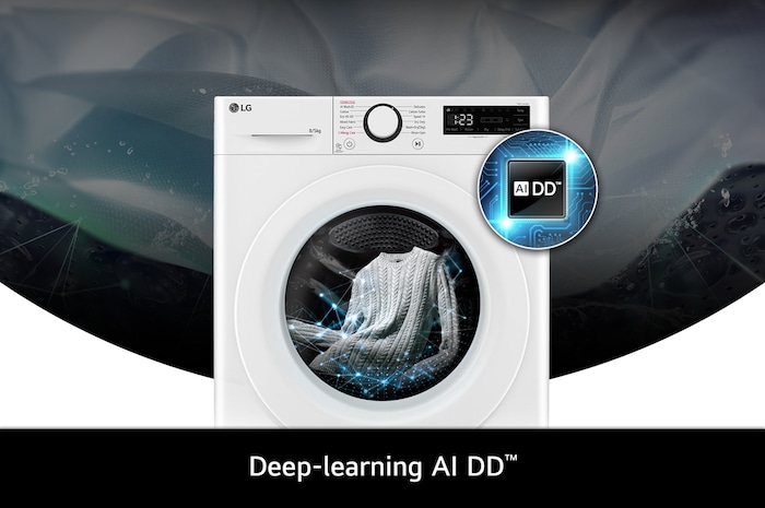 Close-up of the LG 8kg/5kg washer-dryer FWY385WWLN1 in white, featuring its deep-learning AI DD™ technology.