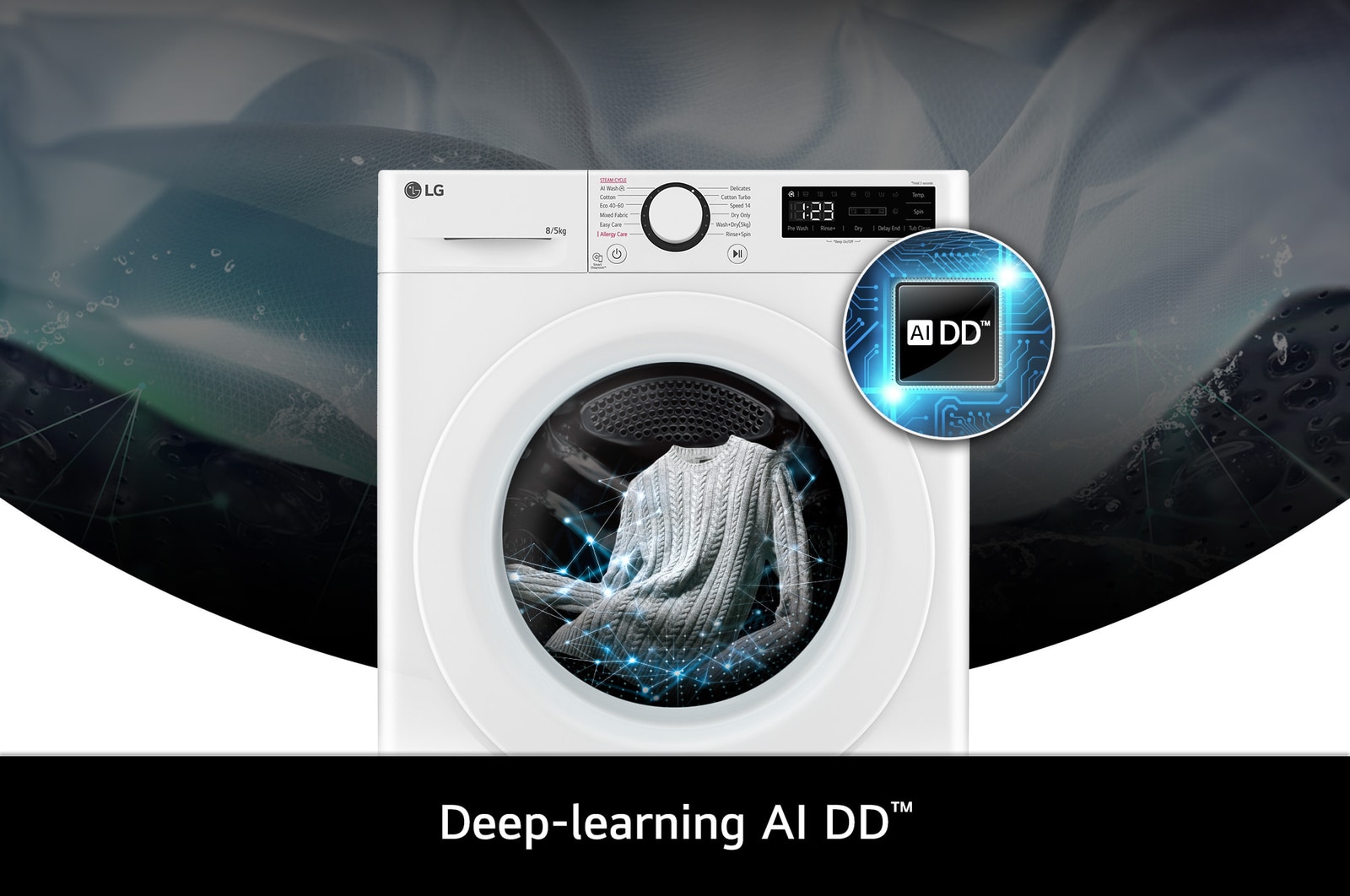 Close-up of the LG 8kg/5kg washer-dryer FWY385WWLN1 in white, featuring its deep-learning AI DD™ technology.