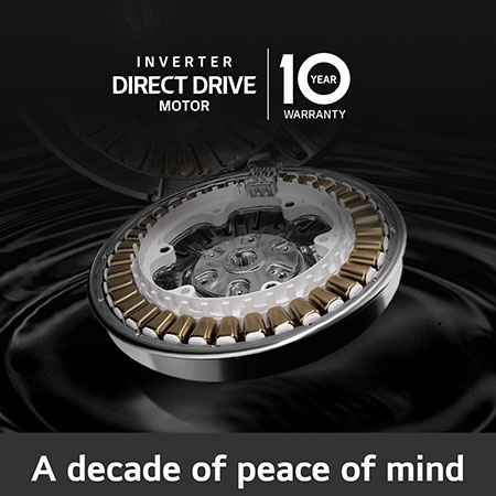 Close-up of the Inverter Direct Drive™ motor in the LG W4X1085NWK washer-dryer, highlighting its durable design and 10-year warranty.
