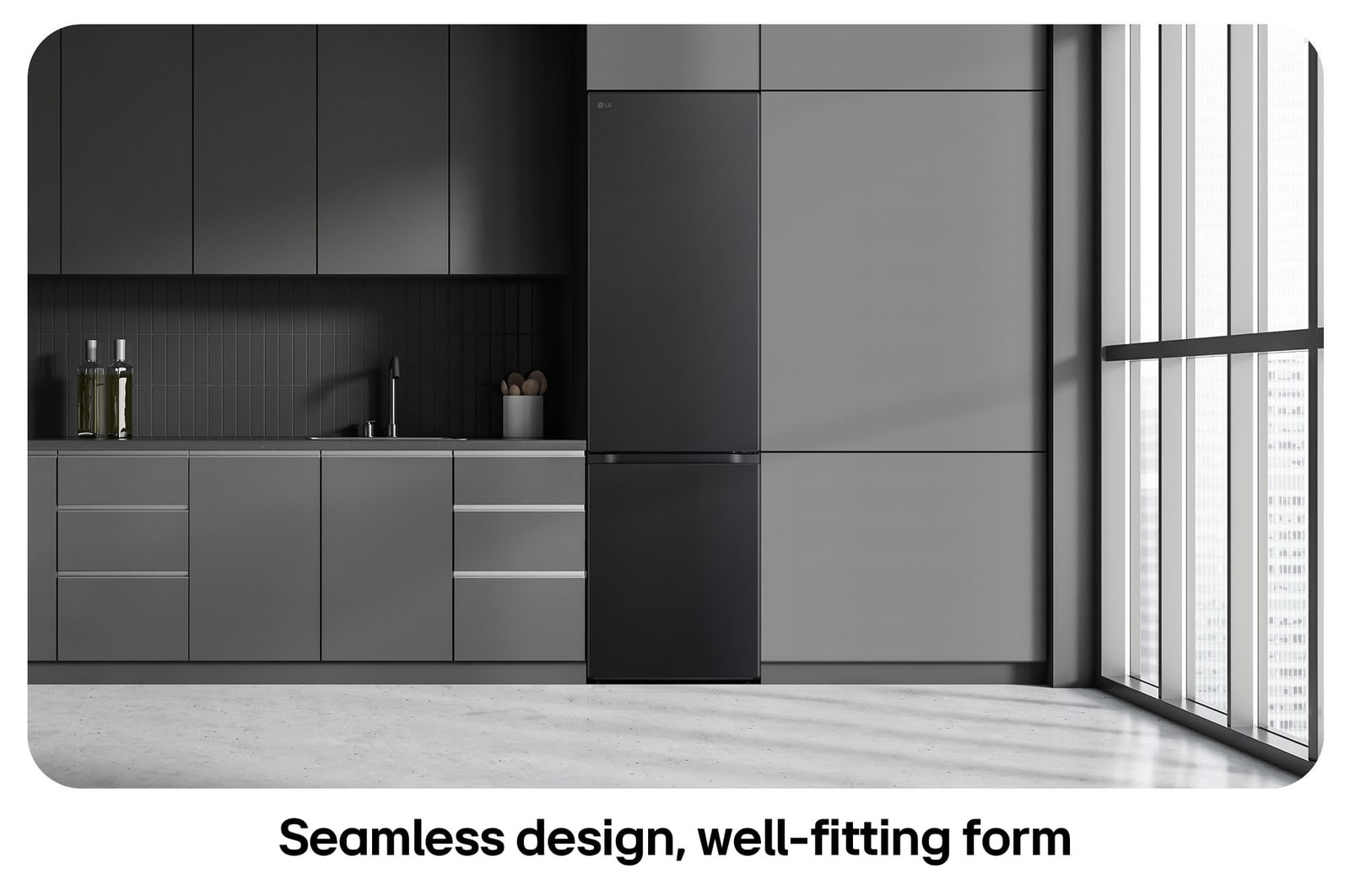 LG Fridge Freezer GBV5240CEP in Essence Matte Black, showing the 203 cm tall Flat Door Design and seamless integration into the dark grey kitchen cabinets.