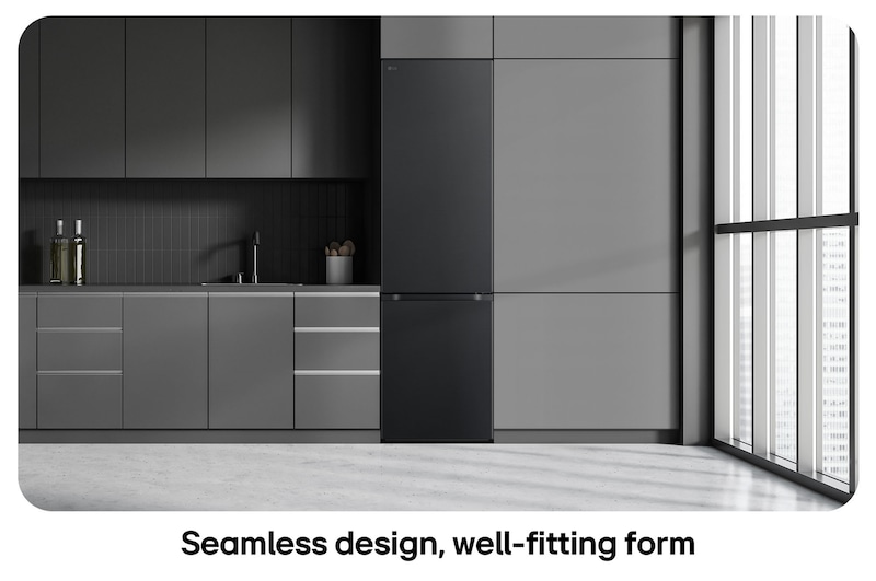 LG Fridge Freezer GBV5240CEP in Essence Matte Black, showing the 203 cm tall Flat Door Design and seamless integration into the dark grey kitchen cabinets.