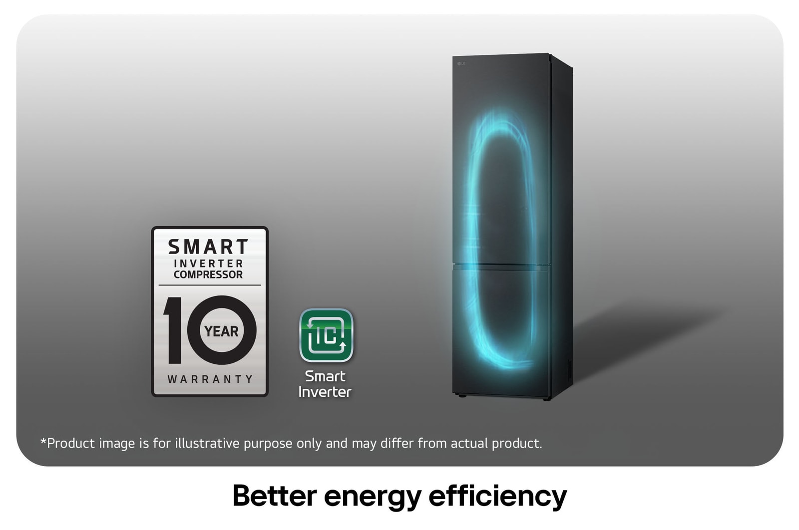 LG Fridge Freezer GBV5240CEP featuring the Smart Inverter Compressor logo, highlighting the 10-year warranty and improved energy efficiency.