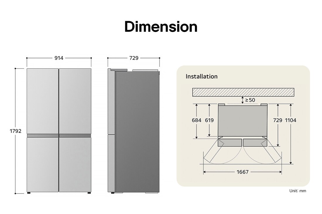 LG Multi-Door Refrigerator GML960PYFE displaying the detailed installation dimensions and product size, including a height of 1792 mm, width of 914 mm, and depth of 729 mm.