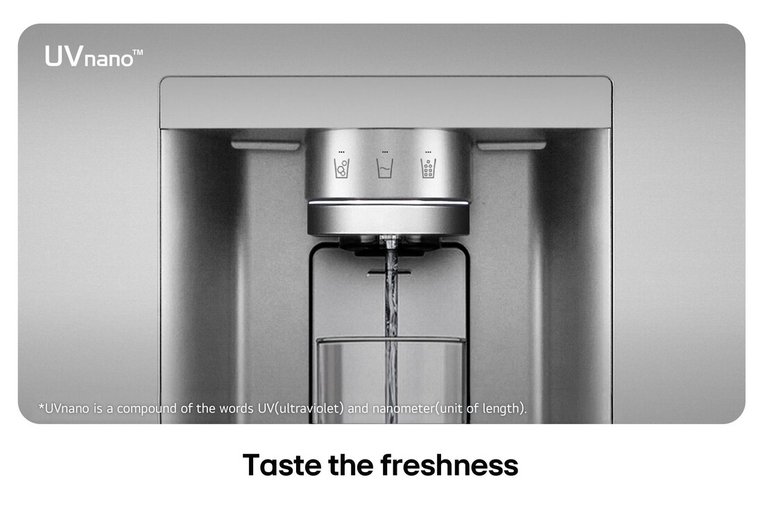Close-up of the dispenser on the LG Multi-Door Refrigerator GML960PYFE in silver, highlighting the UVnano™ technology that uses UV light to clean the water nozzle.