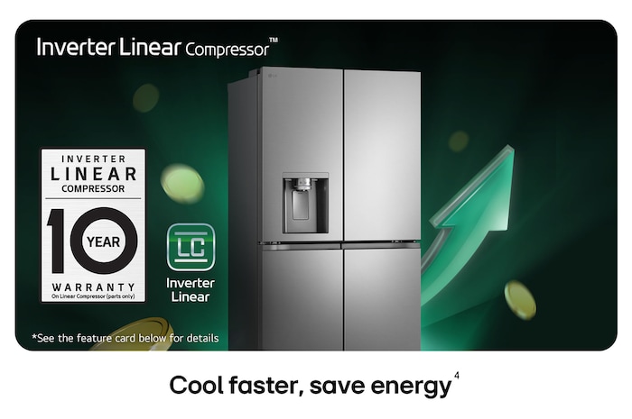 LG Multi-Door Refrigerator GML960PYFE in a silver finish, showcasing the Inverter Linear Compressor™ technology and a 10-year warranty for quiet, energy-efficient operation.