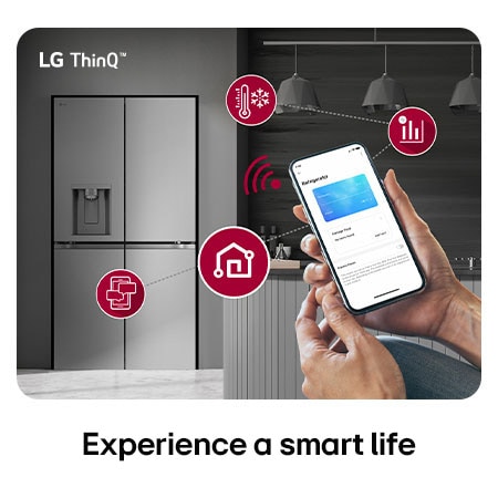 LG Multi-Door Refrigerator GML960PYFE in a silver finish, controlled remotely by hands adjusting the settings via the LG ThinQ™ application on a smartphone.