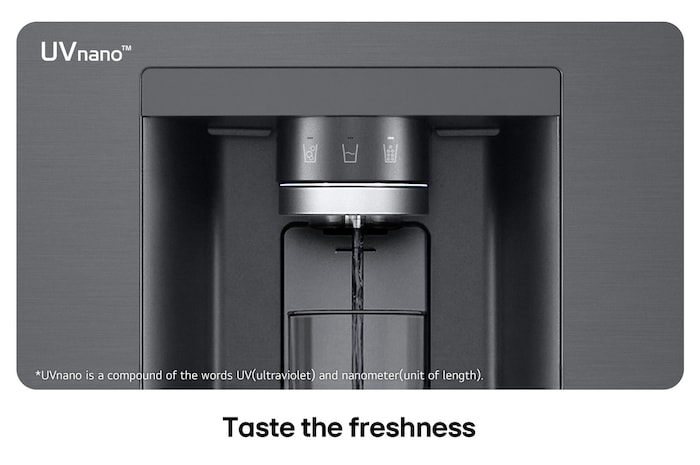 Close-up of the dispenser on the LG Multi-Door Refrigerator GMK960EV2E in matte black steel, highlighting the UVnano™ technology that uses UV light to clean the water nozzle. 