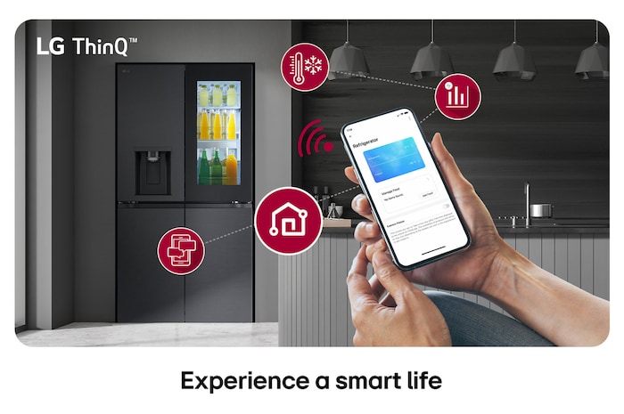 LG Multi-Door Refrigerator GMK960EV2E in a matte black finish, controlled remotely by hands adjusting the settings via the LG ThinQ™application on a smartphone. 