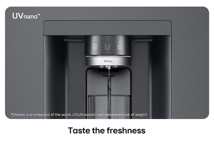 Close-up of the dispenser on the LG Multi-Door Refrigerator GMF960EV4E in matte black steel, highlighting the UVnano™ technology that uses UV light to clean the water nozzle.
