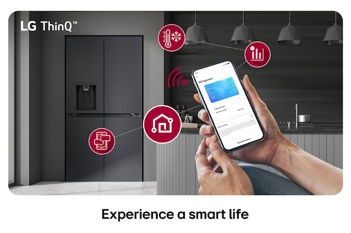 LG Multi-Door Refrigerator GMF960EV4E in a matte black finish, controlled remotely by hands adjusting the settings via the LG ThinQ™application on a smartphone.