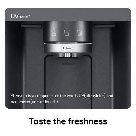 Close-up of the dispenser on the LG Multi-Door Refrigerator GMF960EV4E in matte black steel, highlighting the UVnano™ technology that uses UV light to clean the water nozzle.