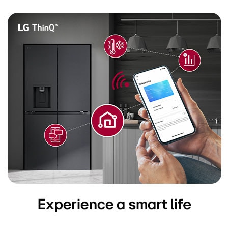 LG Multi-Door Refrigerator GMF960EV4E in a matte black finish, controlled remotely by hands adjusting the settings via the LG ThinQ™application on a smartphone.