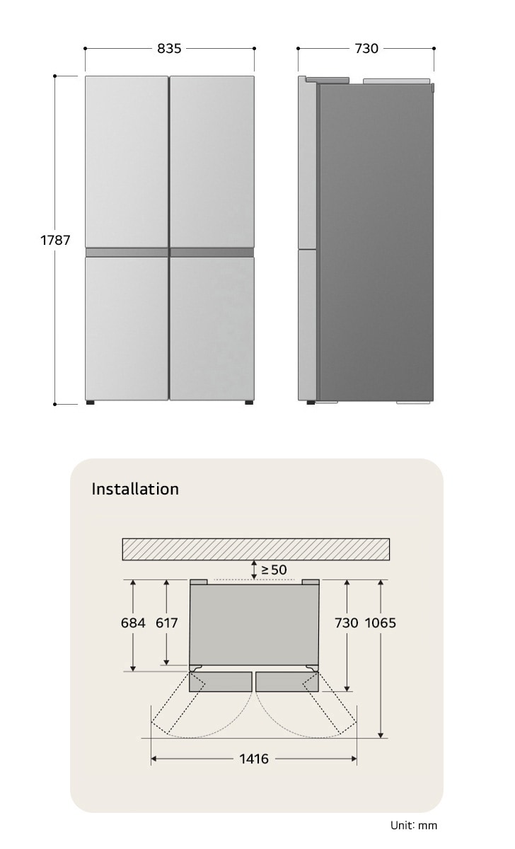 LG Multi-Door Refrigerator GML861PYPE displaying the detailed installation dimensions and product size, including a height of 1787 mm, width of 835 mm, and depth of 730 mm.