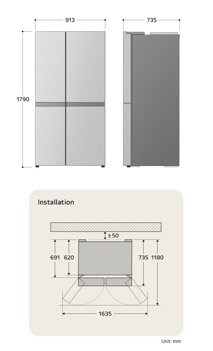 LG Side-by-Side RefrigeratorGSLE81EPBC displaying the detailed installation dimensions and product size, including a height of 1790 mm, width of 913 mm, and depth of 735 mm.
