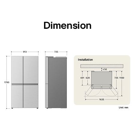 LG Side-by-Side Refrigerator GSXE81PYBD displaying the detailed installation dimensions and product size, including a height of 1790 mm, width of 913 mm, and depth of 735 mm.