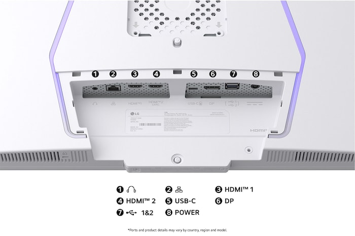 Rear view of the LG UltraGear Monitor 32G810SA, illustrating the minimalist stand design and the HDMI™ 2.1 and DisplayPort connections.