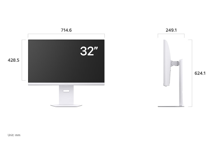 LG UltraGear Monitor 32G810SA displaying product dimensions in front and side profile, measuring 714.6 mm width, 428.5 mm display height, 624.1 mm total height, and 249.1 mm depth.