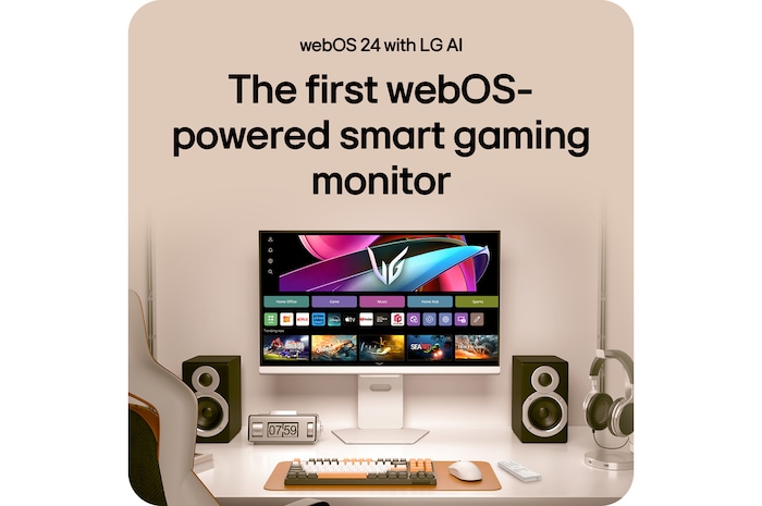 LG UltraGear Gaming Monitor 32G810SA showcased as the first webOS-powered gaming monitor, displaying the webOS with LG AI interface and smart TV capabilities.