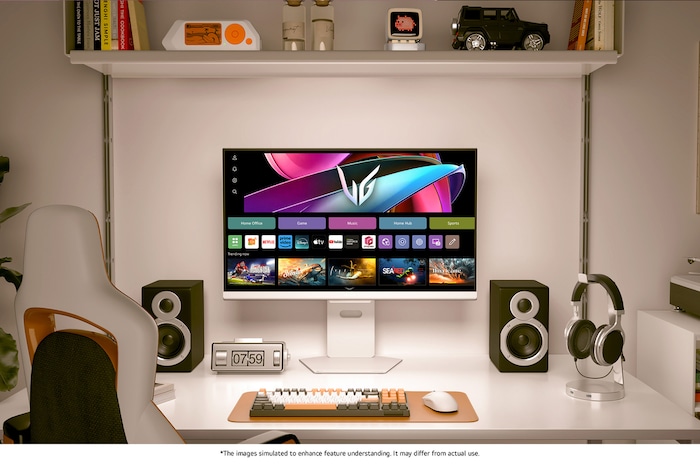 LG UltraGear Gaming Monitor 32G810SA in a modern home office setup, displaying the webOS Home Hub interface and its minimalist design.