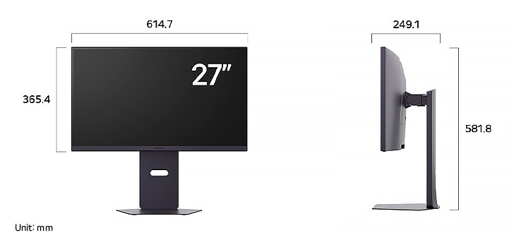 LG UltraGear Monitor 27G850A displaying product dimensions in front and side profile, measuring 614.7 mm width, 365.4 mm display height, 581.8 mm total height, and 249.1 mm depth.