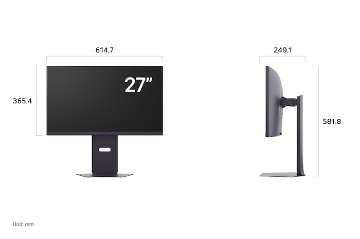 LG UltraGear Monitor 27G850A displaying product dimensions in front and side profile, measuring 614.7 mm width, 365.4 mm display height, 581.8 mm total height, and 249.1 mm depth.