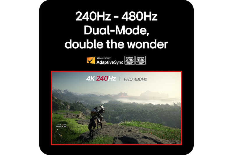 LG UltraGear Gaming Monitor 27G850A, featuring 240Hz (4K) - 480Hz (FHD) Dual-Mode and VESA AdaptiveSync for flexible and fluid refresh rates.