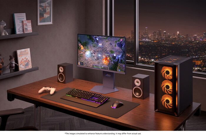 LG UltraGear Gaming Monitor 27G850A in a nighttime gaming setup, showcasing intense gameplay and its stylish, ergonomic design.