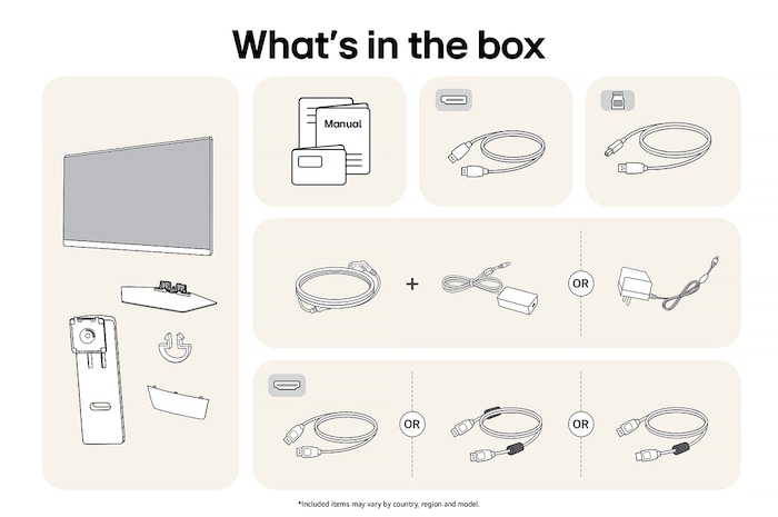 LG UltraGear Gaming Monitor 27G850A showing an overview of all included components, including the monitor body, stand parts, manual, and HDMI and DP cables.