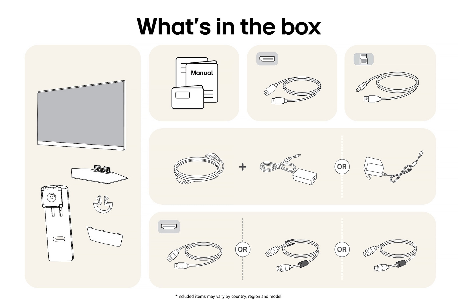 LG UltraGear Gaming Monitor 27G850A showing an overview of all included components, including the monitor body, stand parts, manual, and HDMI and DP cables.