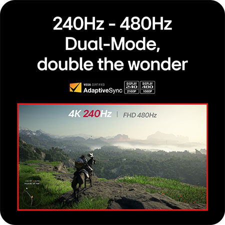 LG UltraGear Gaming Monitor 27G850A, featuring 240Hz (4K) - 480Hz (FHD) Dual-Mode and VESA AdaptiveSync for flexible and fluid refresh rates.