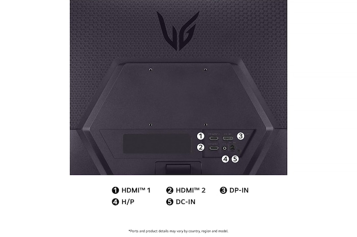 Rear view of the LG UltraGear Monitor 27GS50F, illustrating the port specifications including two HDMI™ ports (HDMI™ 1, HDMI™ 2), one DP-IN port, one H/P (Headphone) port, and the DC-IN power input.