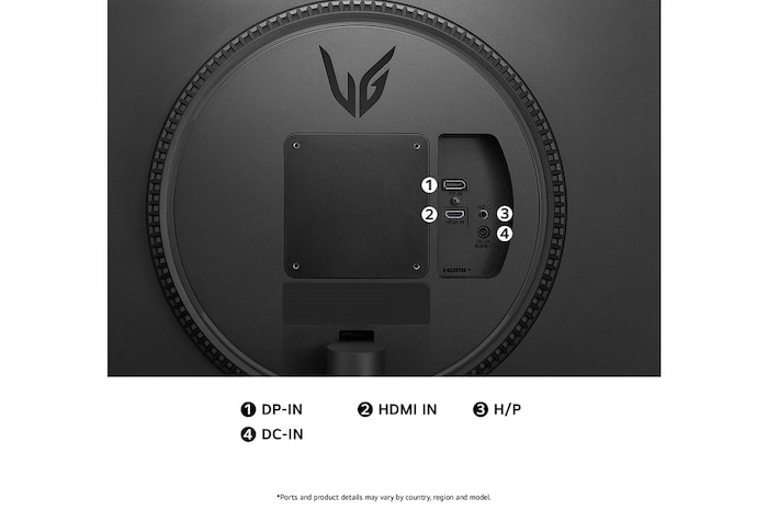 Rear view of the LG UltraGear Monitor 27GS60F, illustrating the port specifications including one DP-IN port, one HDMI IN port, one H/P (Headphone) port, and the DC-IN power input.