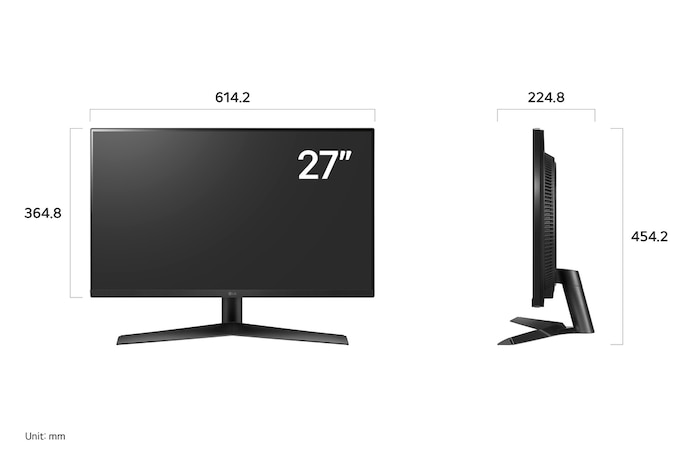 LG UltraGear Monitor 27GS60F displaying product dimensions in front and side profile, measuring 614.2 mm width, 364.8 mm display height, 454.2 mm total height, and 224.8 mm depth.