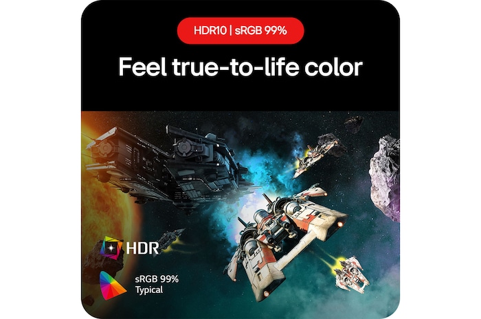 LG UltraGear Gaming Monitor 27GS60F, allowing users to feel true to life color thanks to HDR10 support and 99% sRGB coverage.