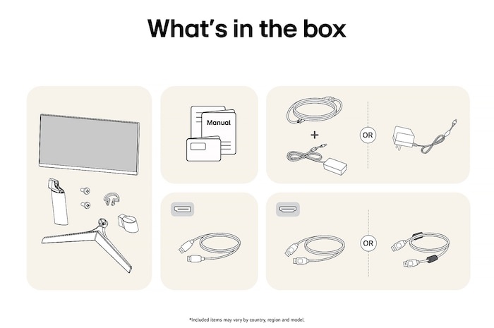 Image of the accessories included with the LG UltraGear Monitor 27GS60F, detailing the manual, AC power adapter, and the included HDMI or DisplayPort cable options.