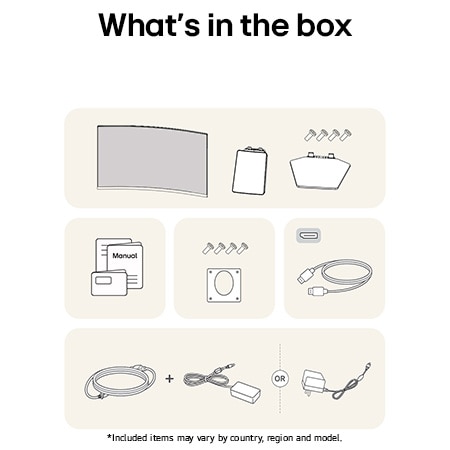 Image of the accessories included with the LG UltraGear Monitor 27GS60QC, detailing the manual, AC power adapter, and the included HDMI or DisplayPort cable options.